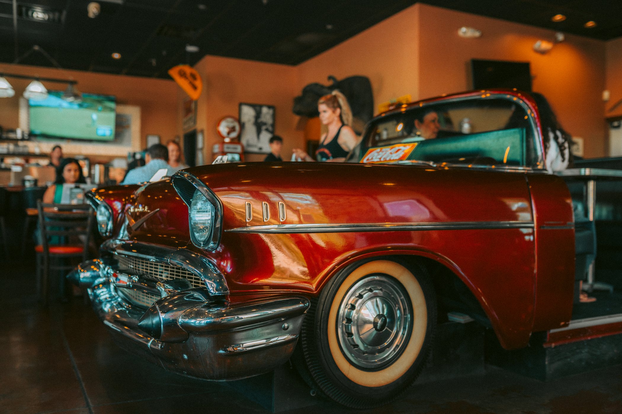 Heart and Soul Mexican Grill dining room with classic red car centerpiece